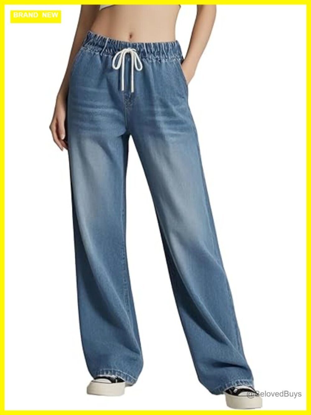 Drawstring Elastic Waisted Wide Leg Stretch Baggy Denim Trouser Jeans